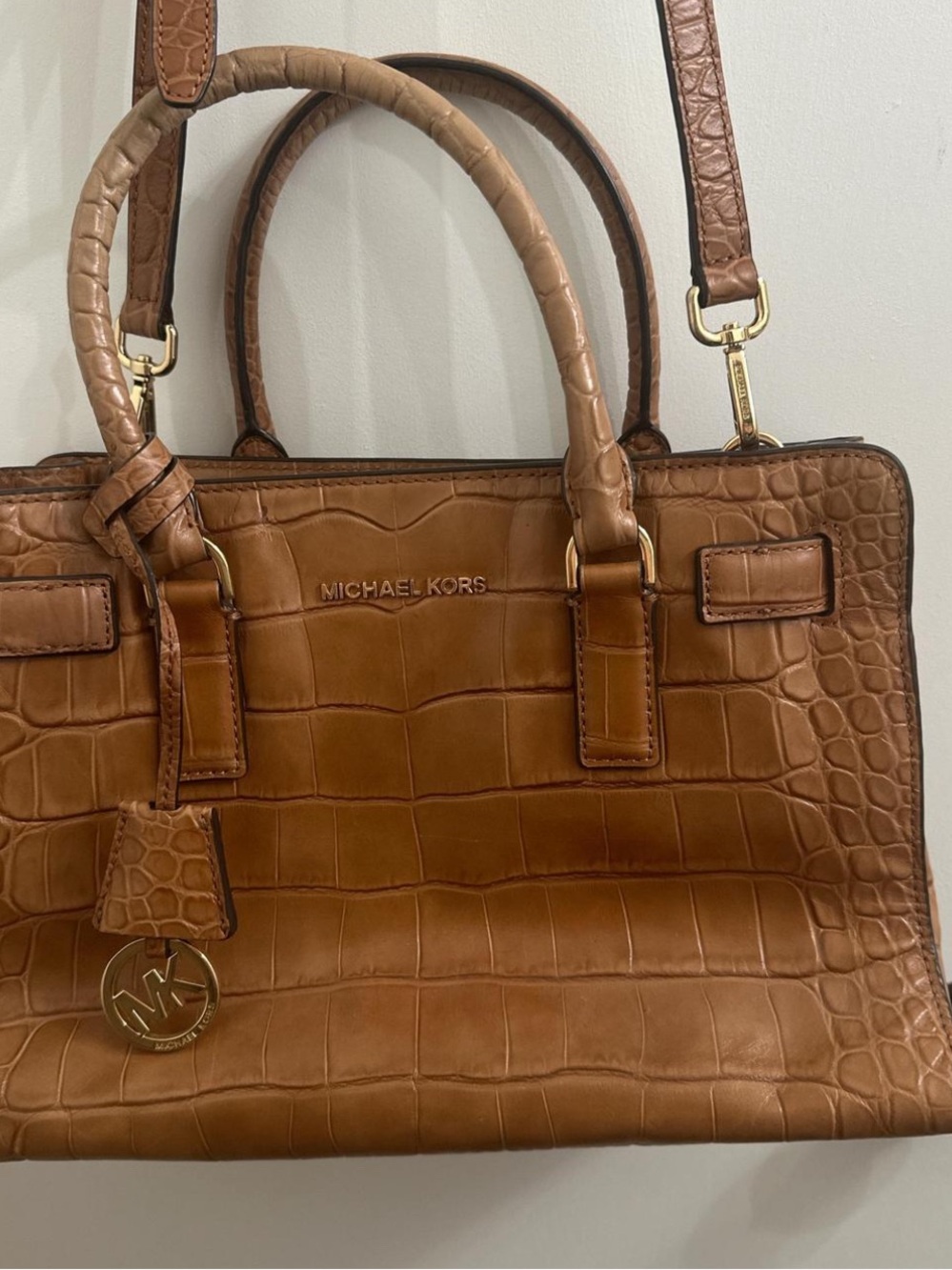 MICHAEL KORS Tan Croc-Embossed Leather Satchel with Gold Hardware